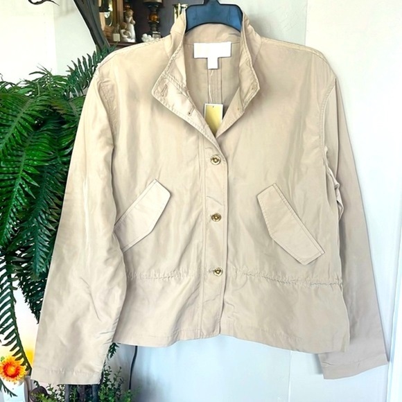 Brand New Michaels Kors Khaki Drawstring Waist Button Up Jacket Neutral Casual - Picture 1 of 16